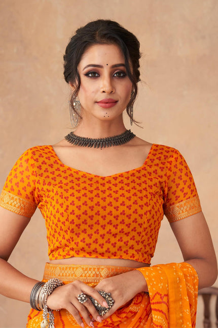 Graphic Print, Printed Bandhani Chiffon, Georgette Saree (Orange)