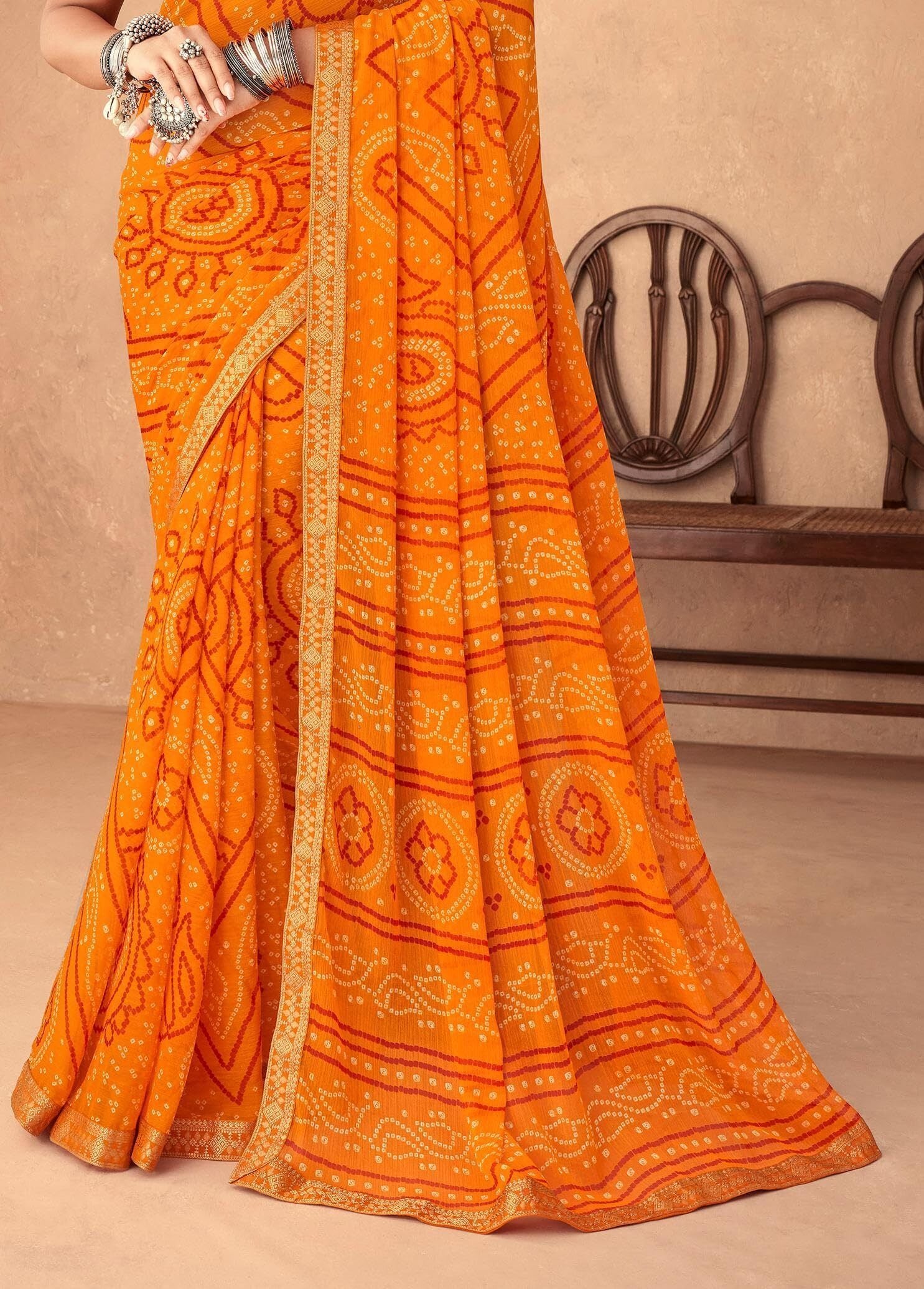 Bandhani Print Chiffon Georgette Saree with Attached Border (Orange)