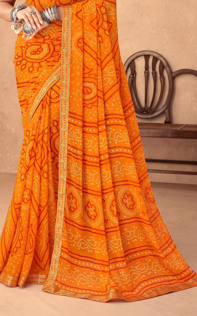 Graphic Print, Printed Bandhani Chiffon, Georgette Saree (Orange)