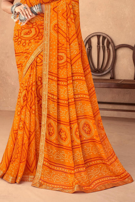Graphic Print, Printed Bandhani Chiffon, Georgette Saree (Orange)