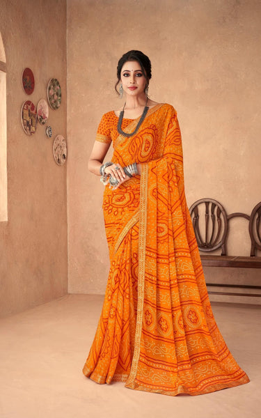 Graphic Print, Printed Bandhani Chiffon, Georgette Saree (Orange)
