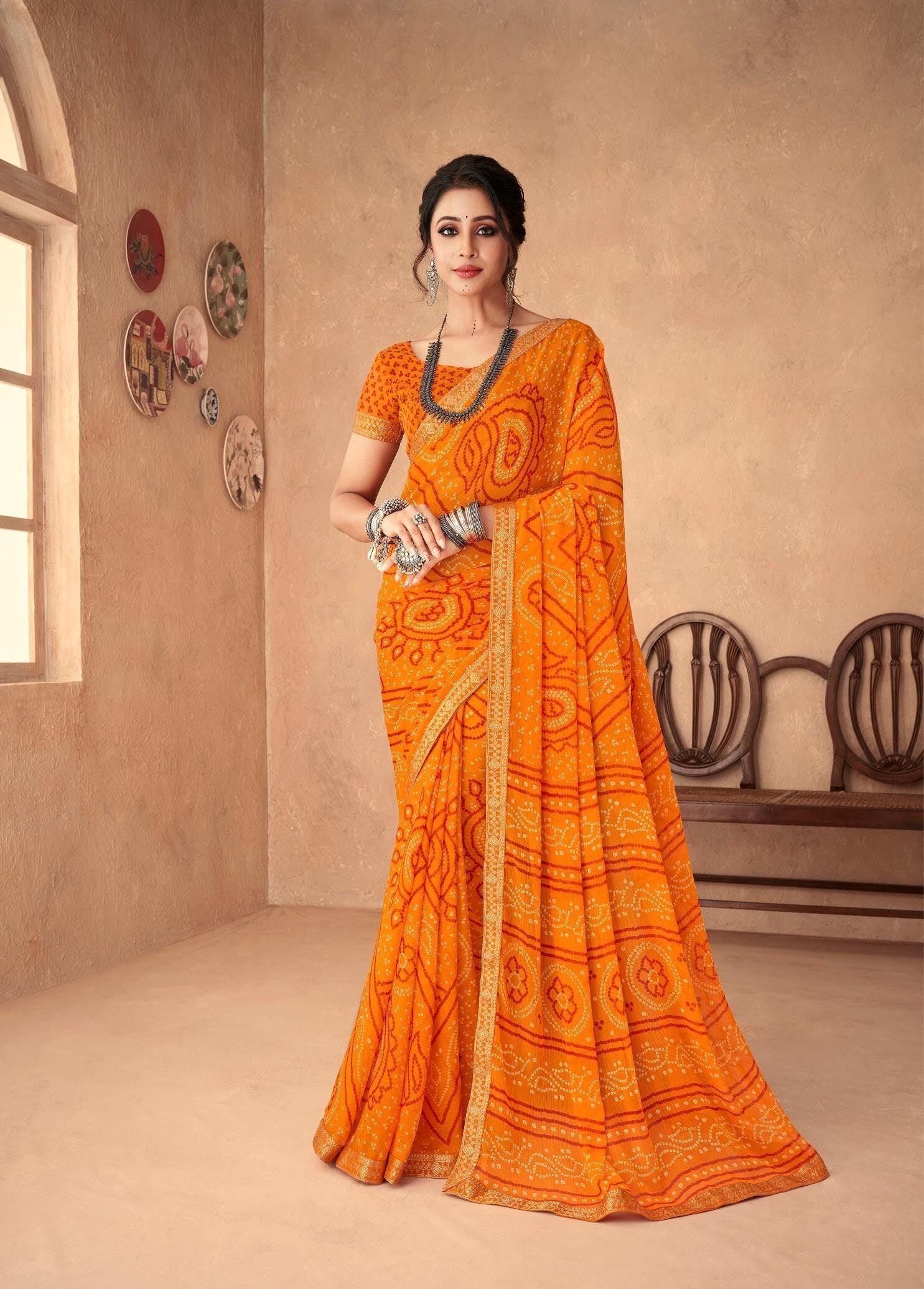 Bandhani Print Chiffon Georgette Saree with Attached Border (Orange)