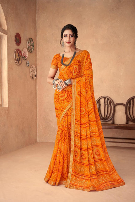 Graphic Print, Printed Bandhani Chiffon, Georgette Saree (Orange)
