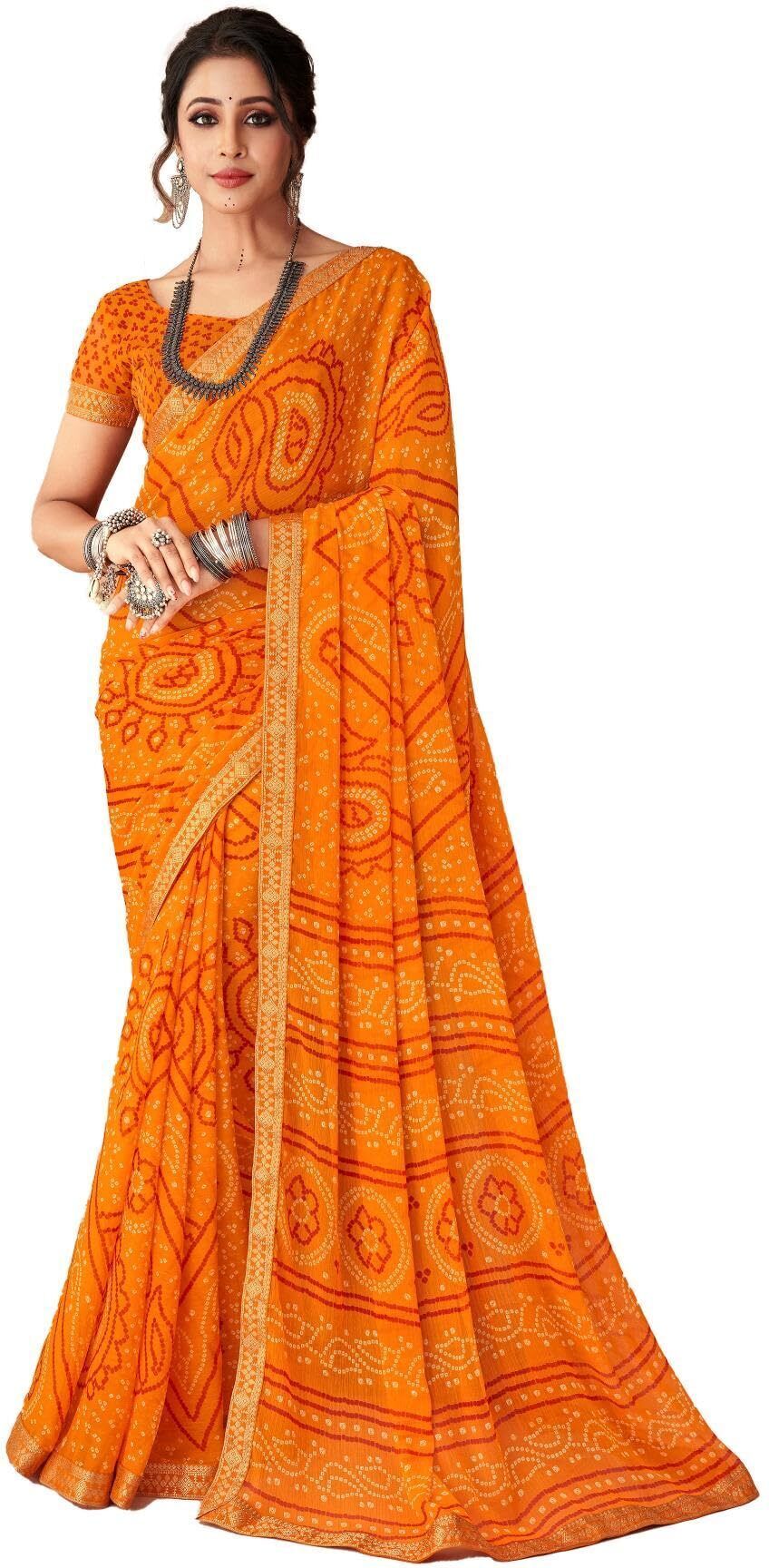 Bandhani Print Chiffon Georgette Saree with Attached Border (Orange)