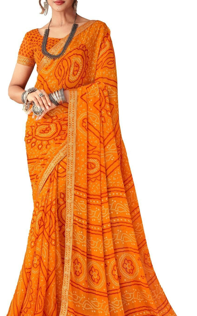 Graphic Print, Printed Bandhani Chiffon, Georgette Saree (Orange)