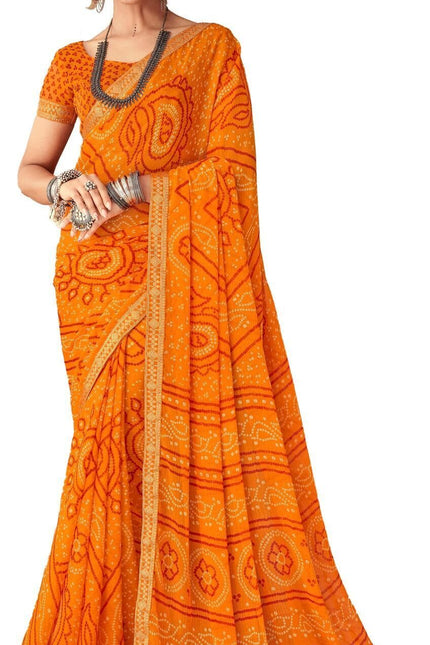 Graphic Print, Printed Bandhani Chiffon, Georgette Saree (Orange)