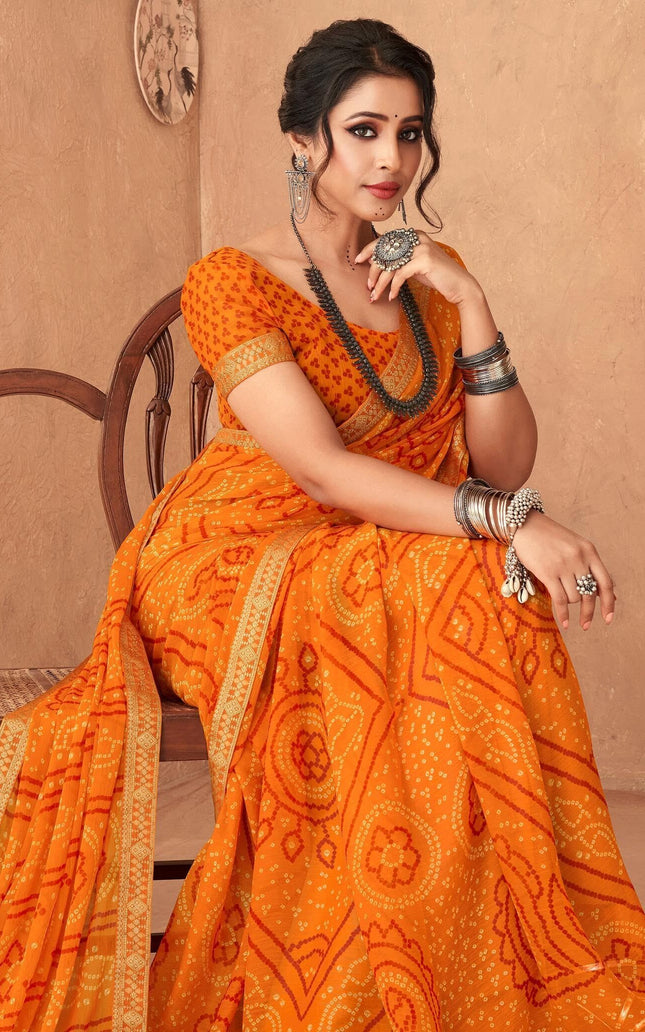 Graphic Print, Printed Bandhani Chiffon, Georgette Saree (Orange)