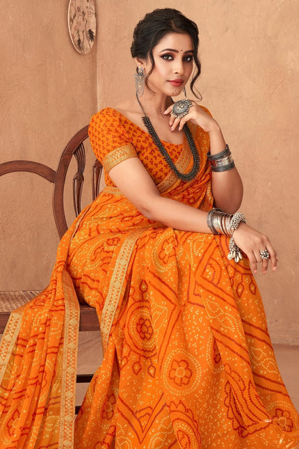 Graphic Print, Printed Bandhani Chiffon, Georgette Saree (Orange)