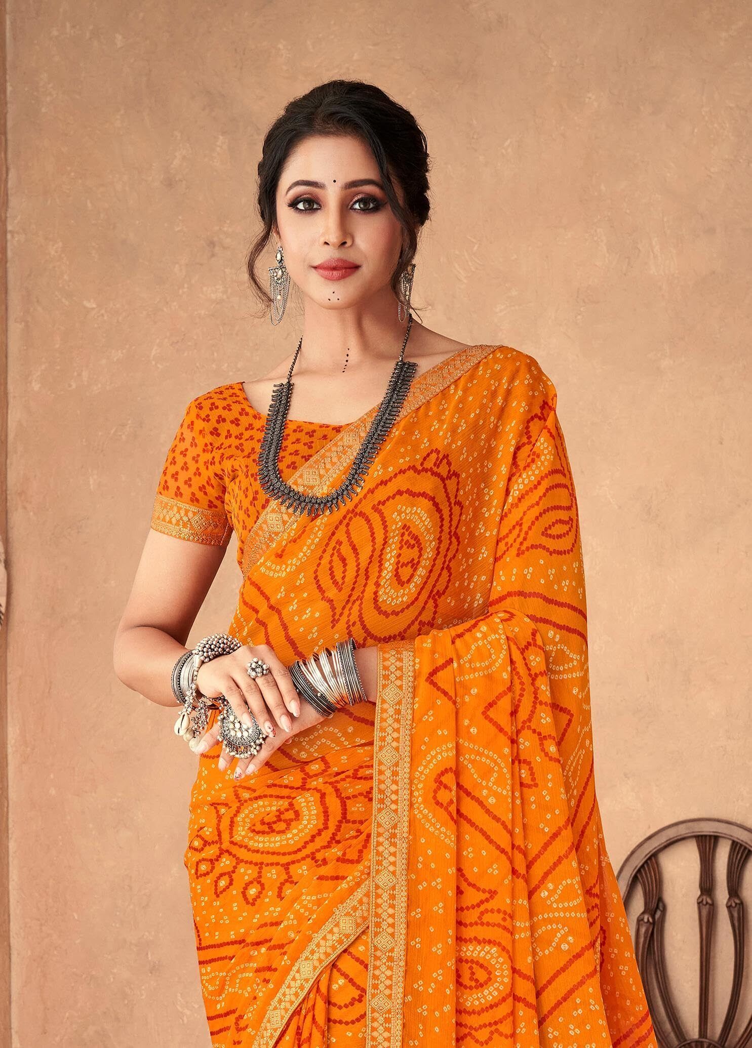 Bandhani Print Chiffon Georgette Saree with Attached Border (Orange)