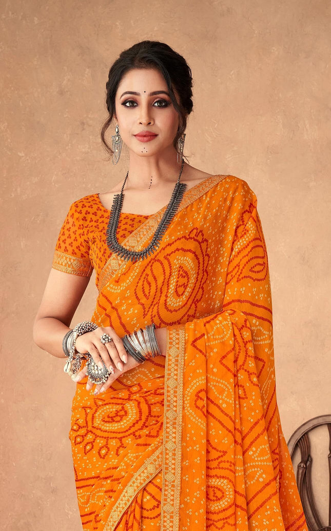 Graphic Print, Printed Bandhani Chiffon, Georgette Saree (Orange)