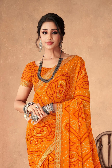 Graphic Print, Printed Bandhani Chiffon, Georgette Saree (Orange)