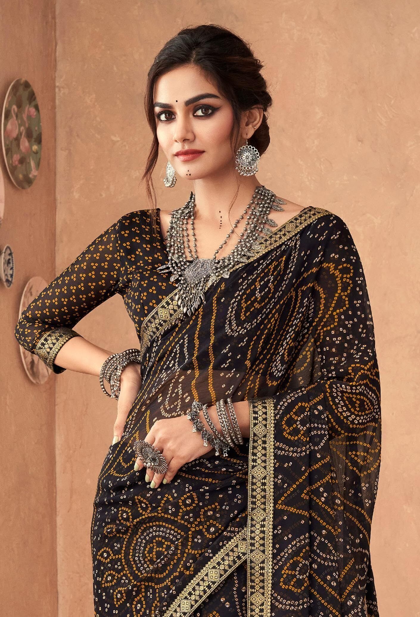 Bandhani Print Chiffon Georgette Saree with Attached Border (Black)