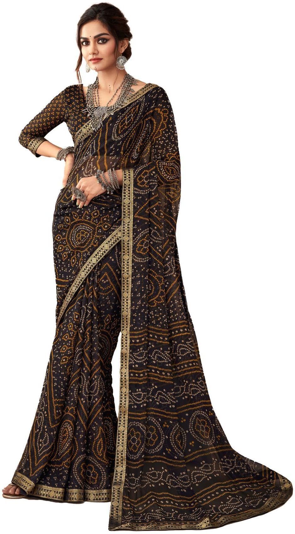 Bandhani Print Chiffon Georgette Saree with Attached Border (Black)