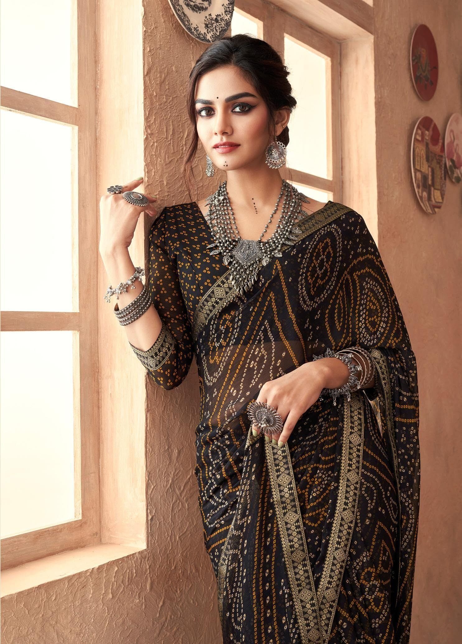 Bandhani Print Chiffon Georgette Saree with Attached Border (Black)