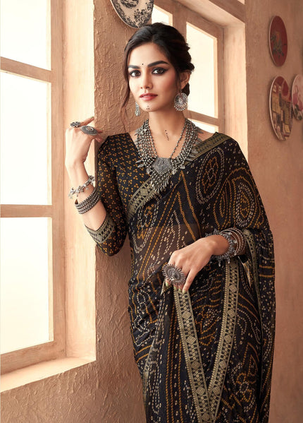 Geometric Graphic Printed Bollywood Chiffon Lace Saree (Black)