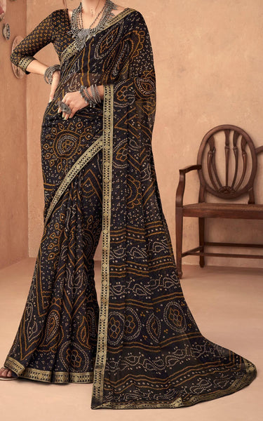 Geometric Print, Graphic Print, Printed Bollywood Chiffon, Lace Saree (Black)