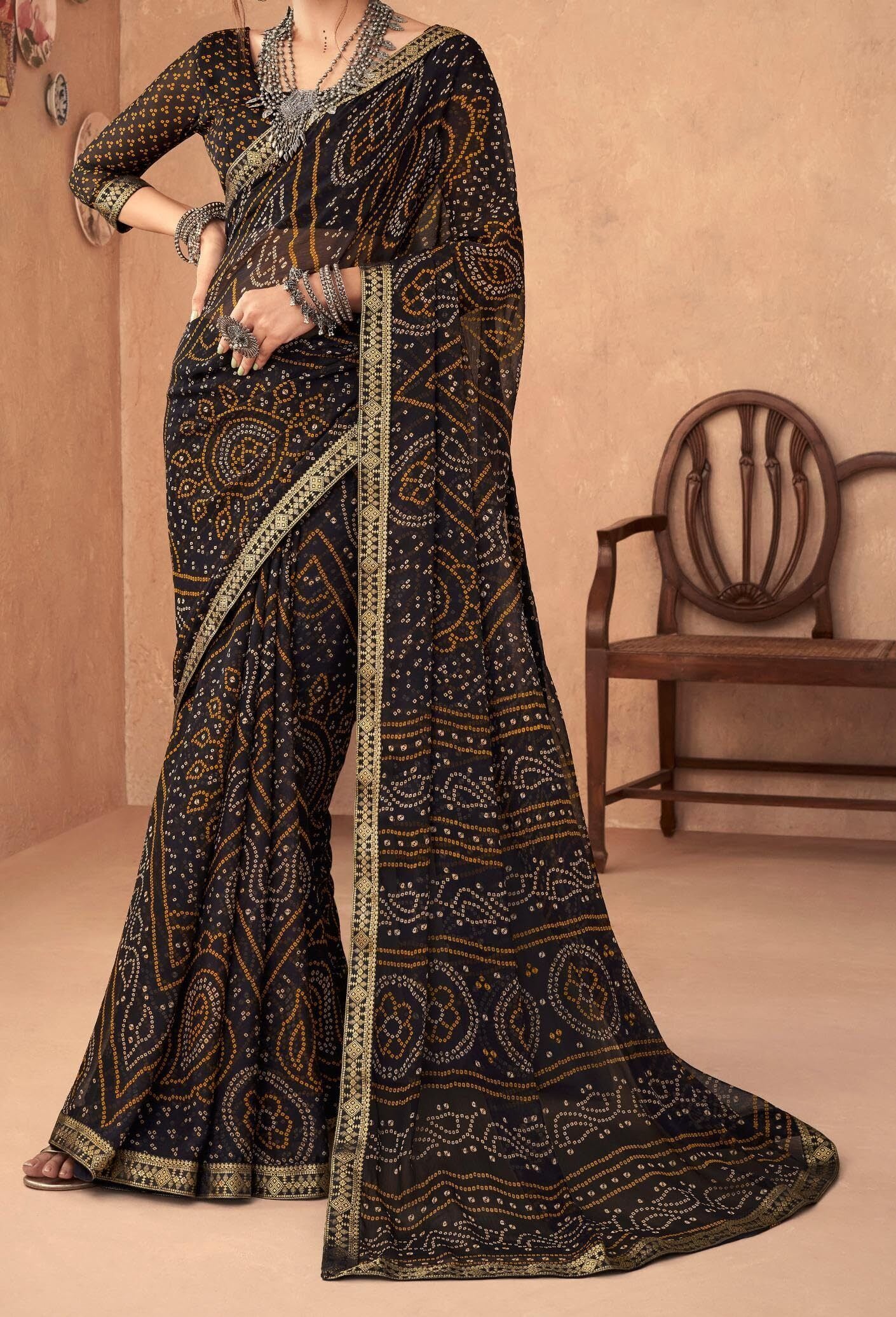 Bandhani Print Chiffon Georgette Saree with Attached Border (Black)