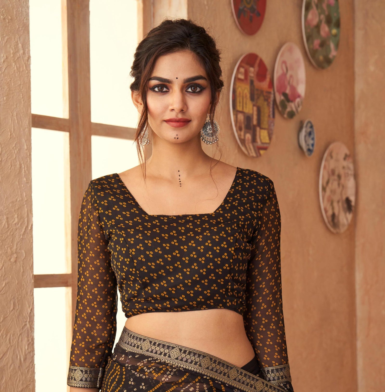 Bandhani Print Chiffon Georgette Saree with Attached Border (Black)