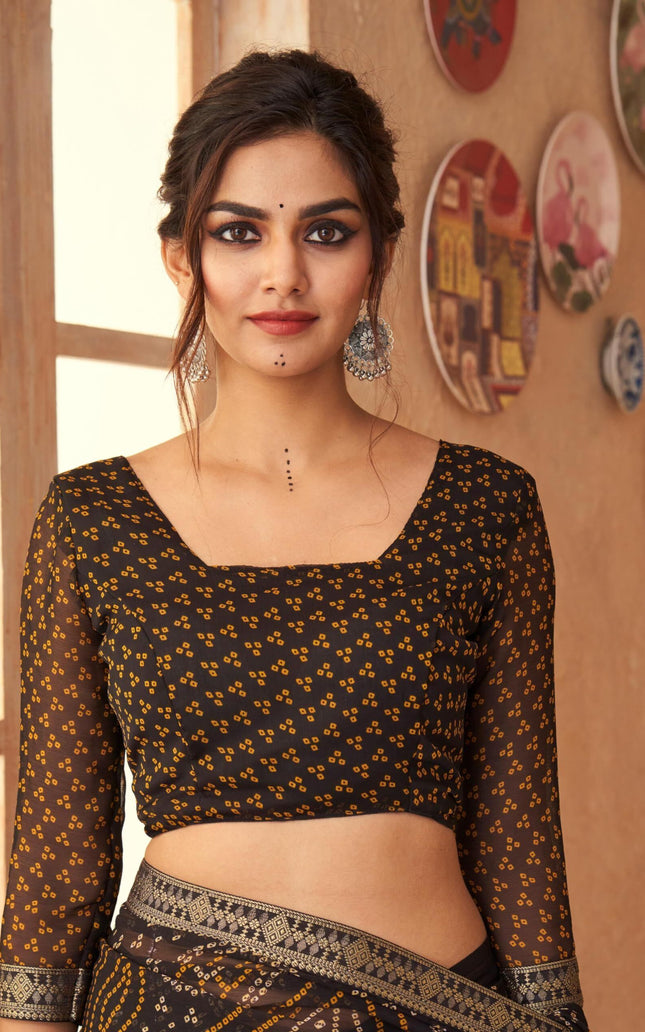 Graphic Print, Printed Bandhani Chiffon, Georgette Saree (Black)
