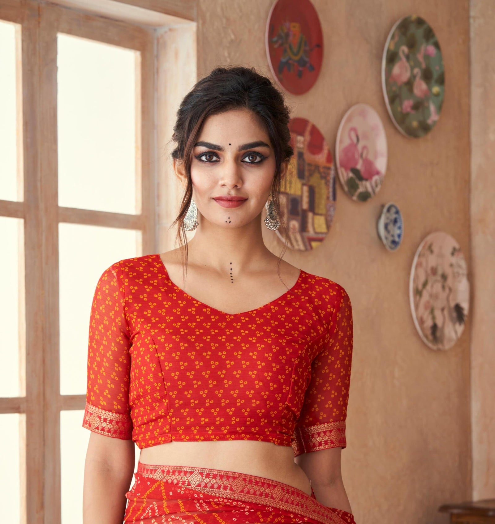 Bandhani Print Chiffon Georgette Saree with Attached Border (Red)