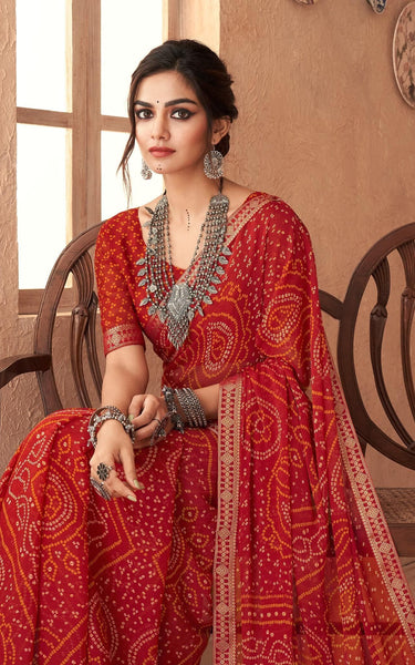 Graphic Print, Printed Bandhani Chiffon, Georgette Saree (Maroon Red)