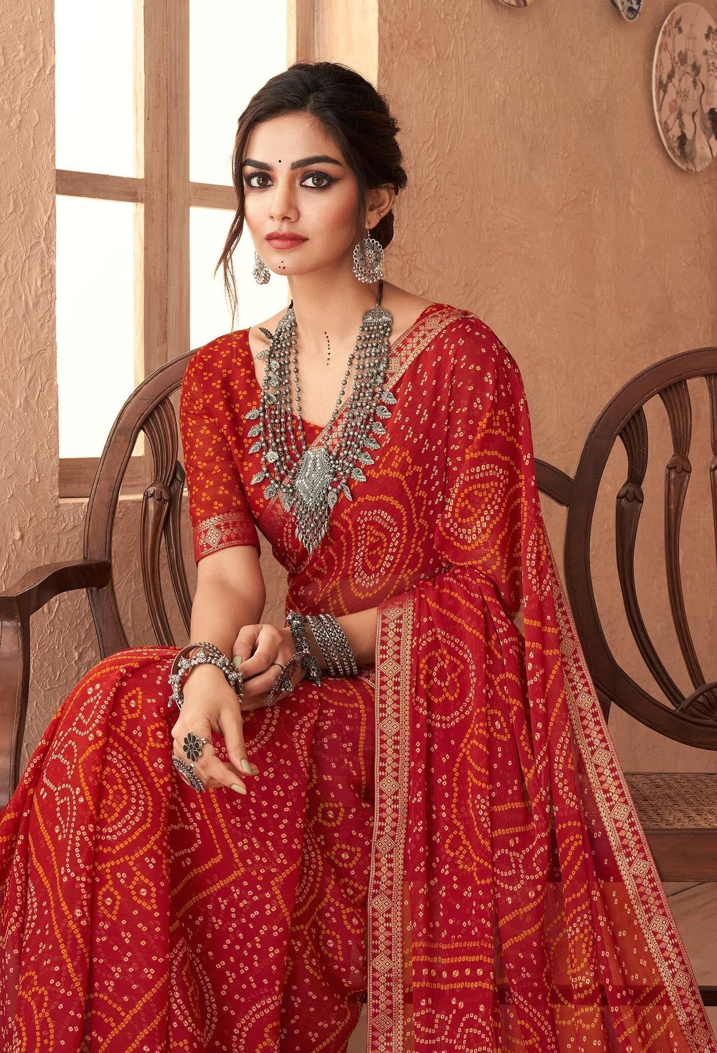 Bandhani Print Chiffon Georgette Saree with Attached Border (Red)