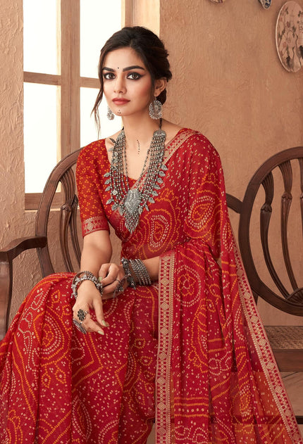 Graphic Print, Printed Bandhani Chiffon, Georgette Saree (Maroon Red)