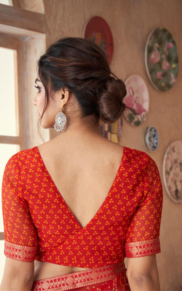 Graphic Print, Printed Bandhani Chiffon, Georgette Saree (Maroon Red)