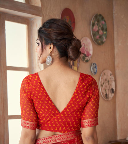 Graphic Print, Printed Bandhani Chiffon, Georgette Saree (Maroon Red)