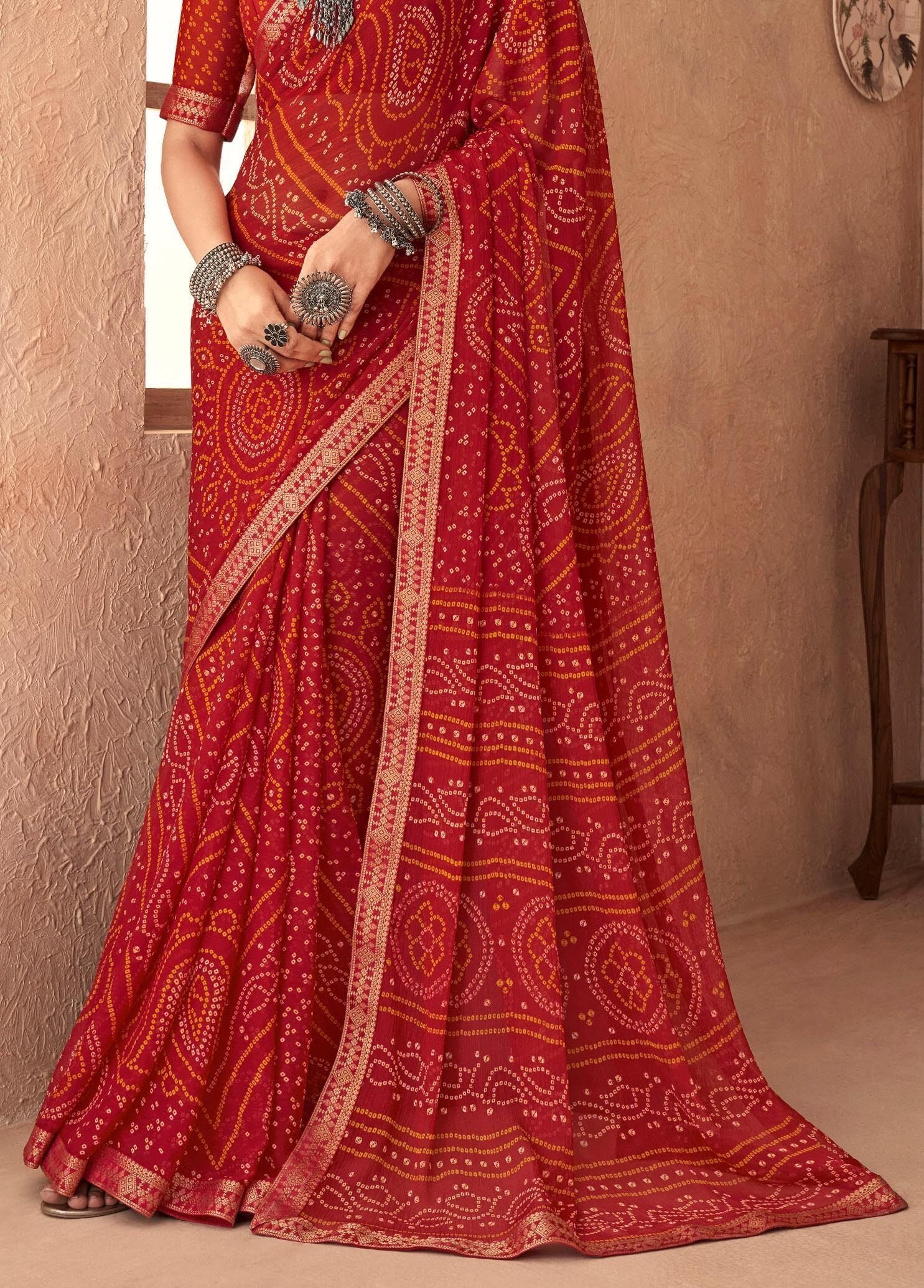 Bandhani Print Chiffon Georgette Saree with Attached Border (Red)