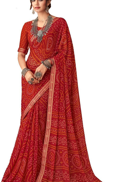 Graphic Print, Printed Bandhani Chiffon, Georgette Saree (Maroon Red)