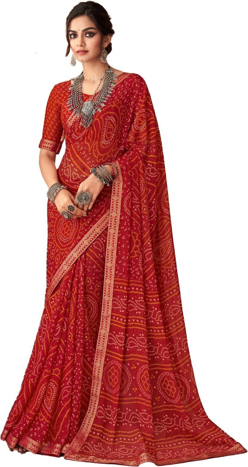 Bandhani Print Chiffon Georgette Saree with Attached Border (Red)