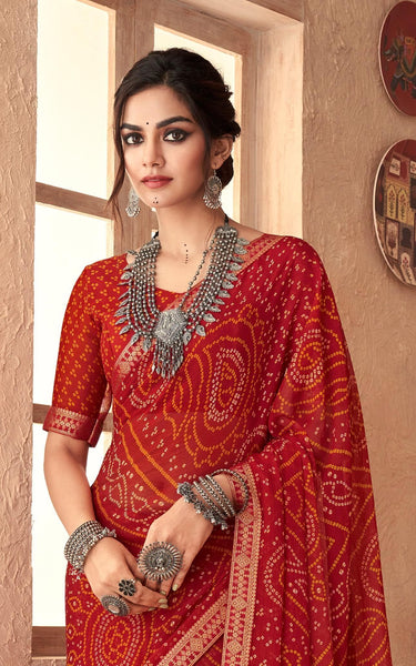 Graphic Print, Printed Bandhani Chiffon, Georgette Saree (Maroon Red)