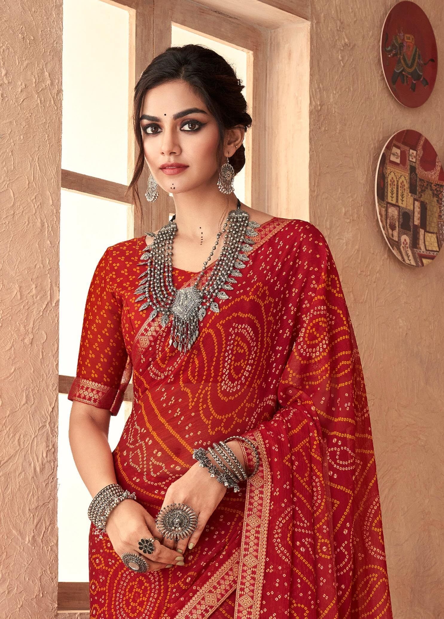 Bandhani Print Chiffon Georgette Saree with Attached Border (Red)