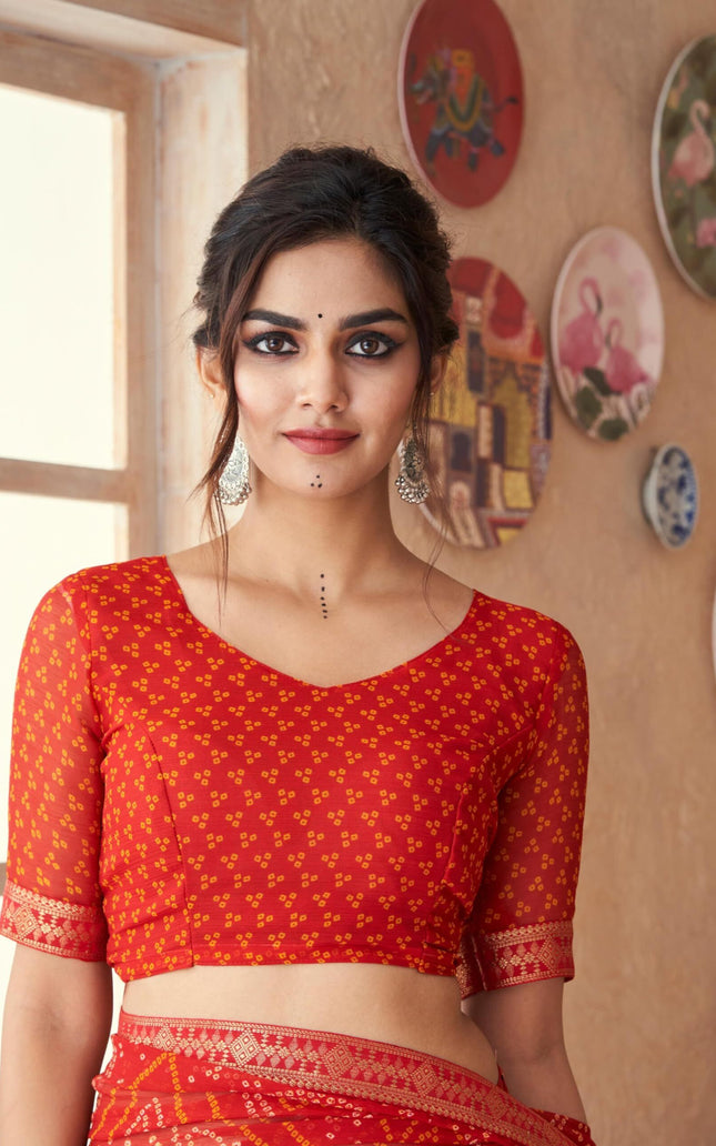 Graphic Print, Printed Bandhani Chiffon, Georgette Saree (Red)