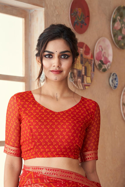 Graphic Print, Printed Bandhani Chiffon, Georgette Saree (Red)