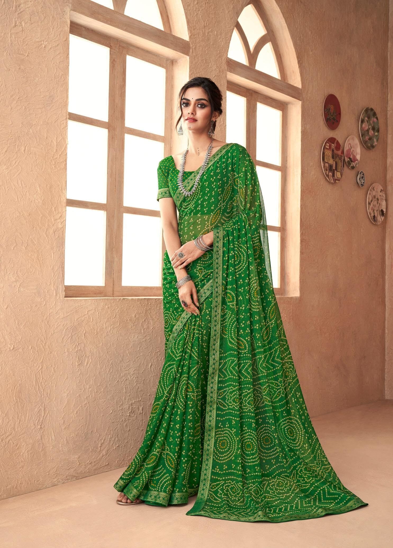 Bandhani Print Chiffon Georgette Saree with Attached Border (Green)