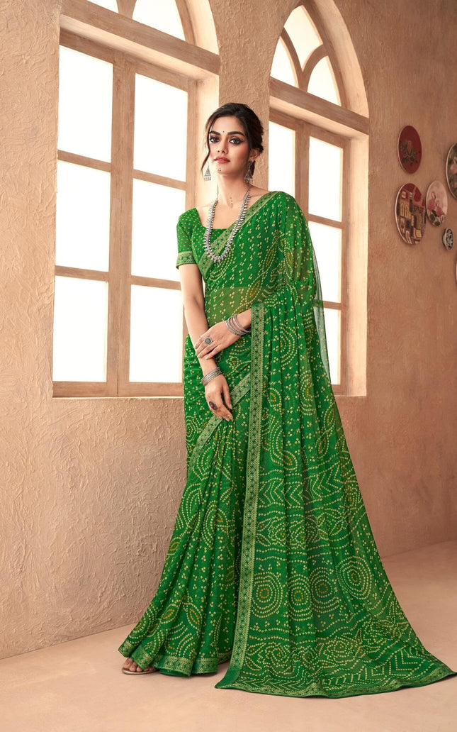 Graphic Print, Printed Bandhani Chiffon, Georgette Saree (Green)