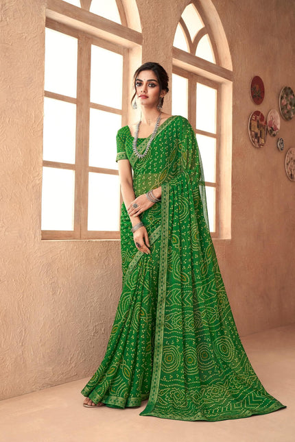 Graphic Print, Printed Bandhani Chiffon, Georgette Saree (Green)