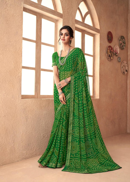 Graphic Print, Printed Bandhani Chiffon, Georgette Saree (Green)