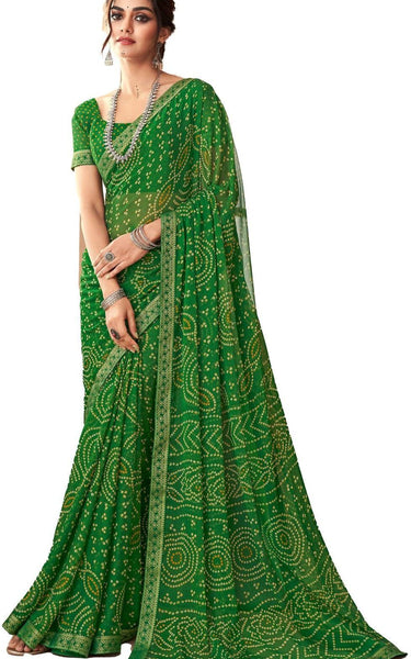 Graphic Print, Printed Bandhani Chiffon, Georgette Saree (Green)