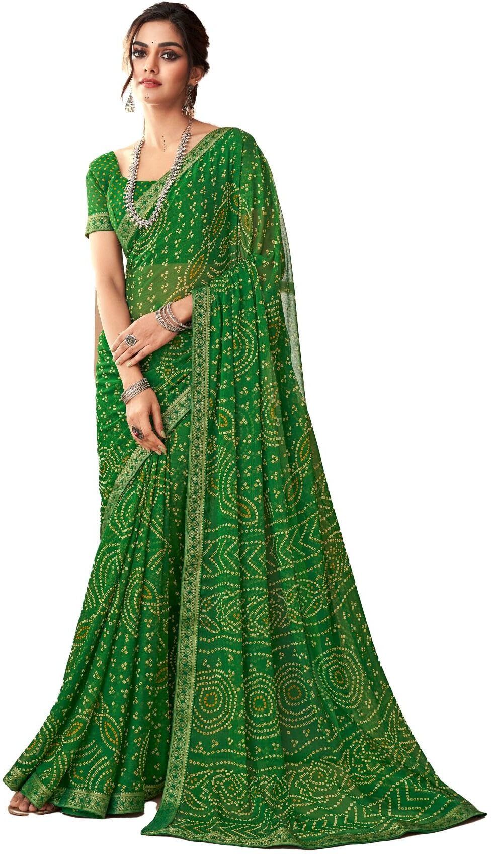 Bandhani Print Chiffon Georgette Saree with Attached Border (Green)