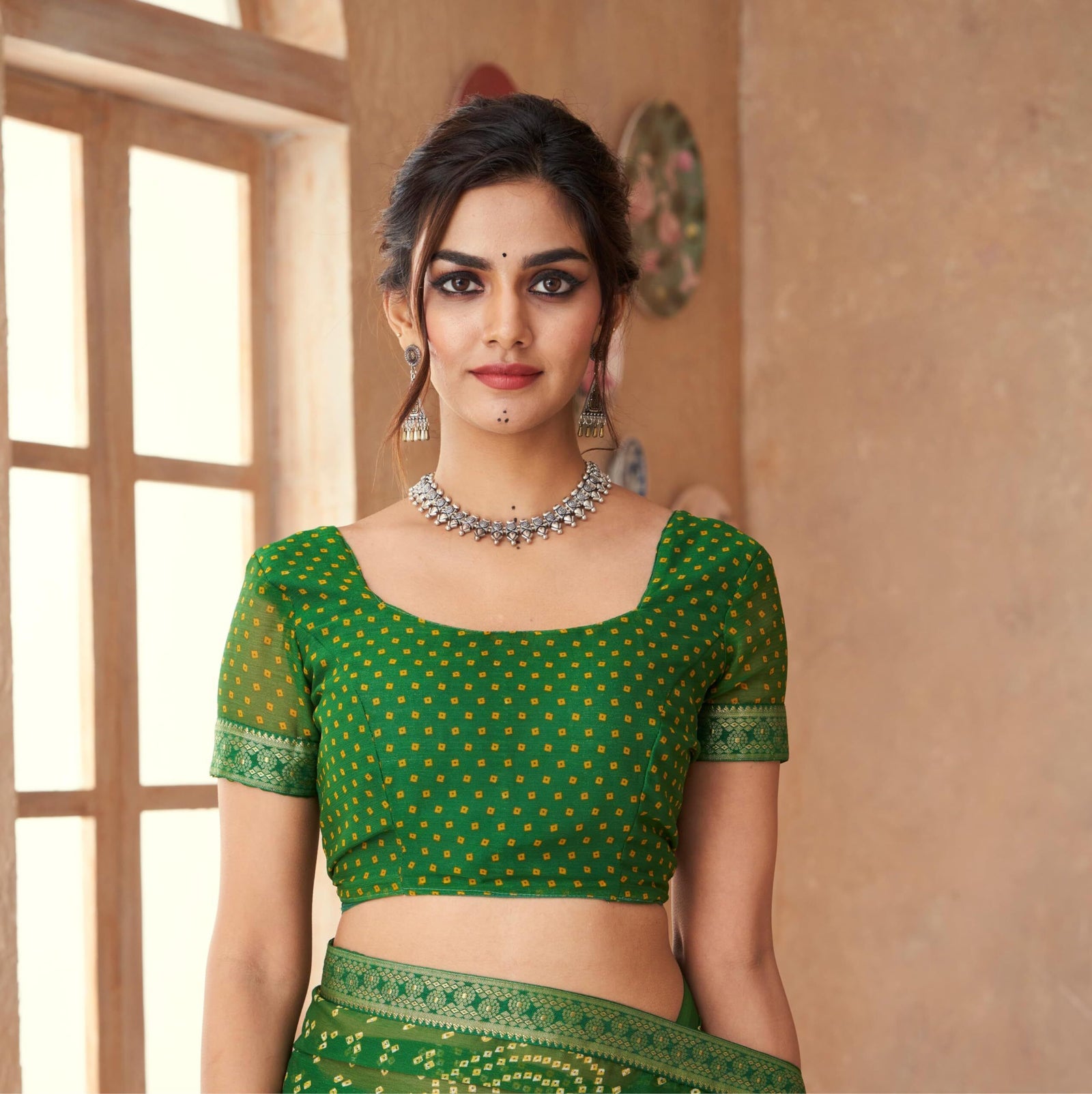 Bandhani Print Chiffon Georgette Saree with Attached Border (Green)