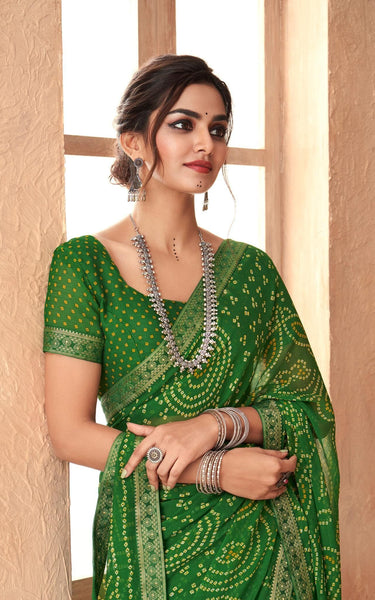 Graphic Print, Printed Bandhani Chiffon, Georgette Saree (Green)