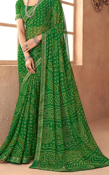 Graphic Print, Printed Bandhani Chiffon, Georgette Saree (Green)