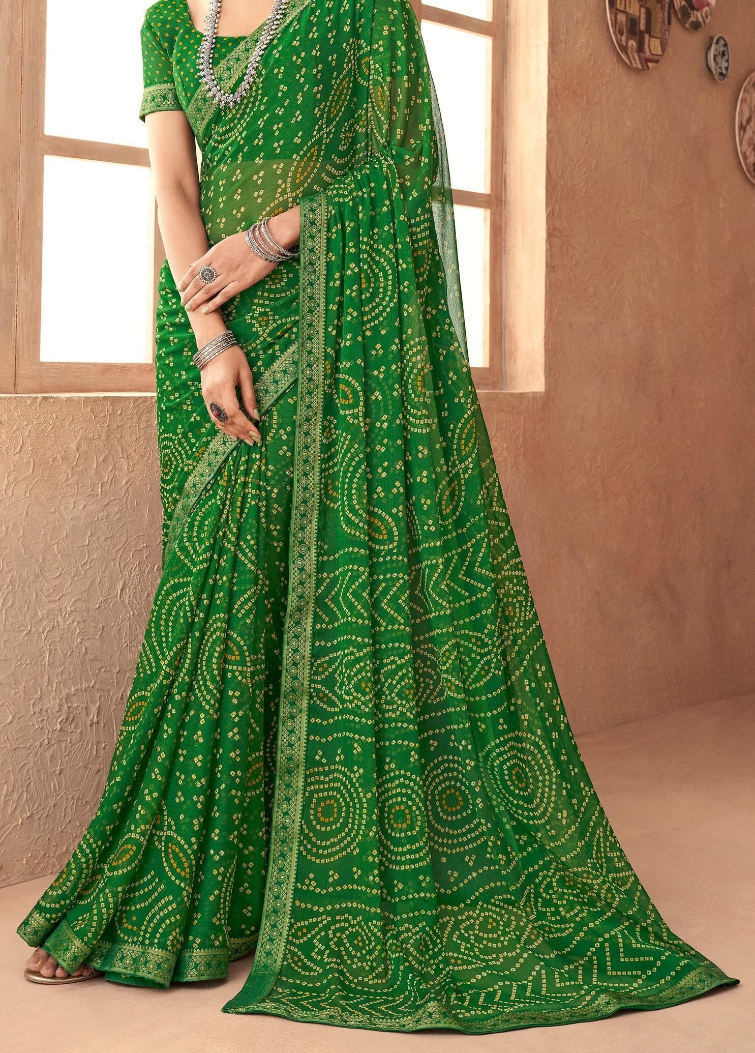 Bandhani Print Chiffon Georgette Saree with Attached Border (Green)