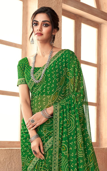 Graphic Print, Printed Bandhani Chiffon, Georgette Saree (Green)