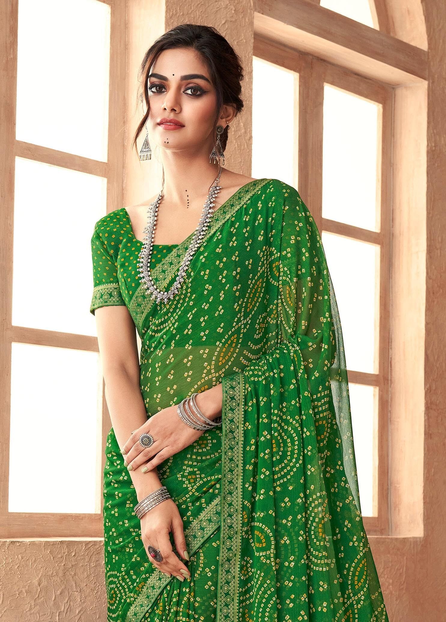 Bandhani Print Chiffon Georgette Saree with Attached Border (Green)