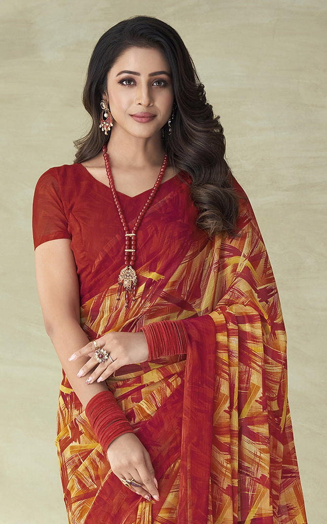 Geometric Print, Graphic Print Bollywood Chiffon, Georgette Saree (Red)