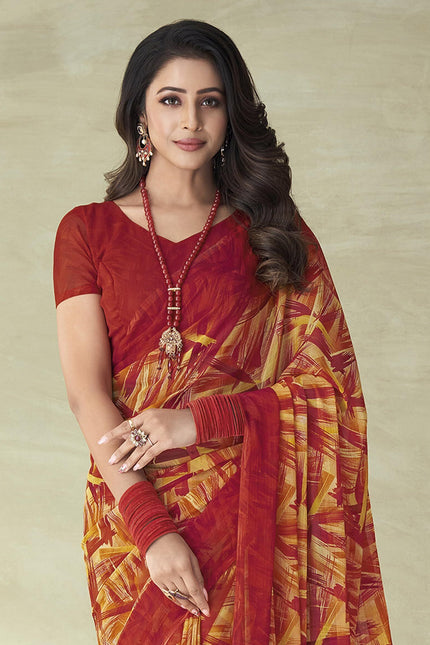 Geometric Print, Graphic Print Bollywood Chiffon, Georgette Saree (Red)